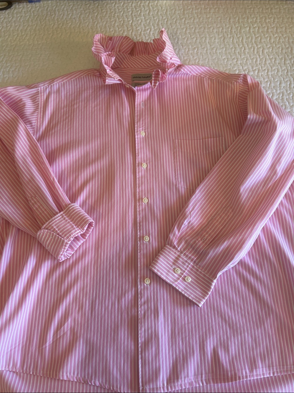 Plus size Women’s Upcycled Men’s Pink  Striped Ruffle-Collar Button-Up Shirt